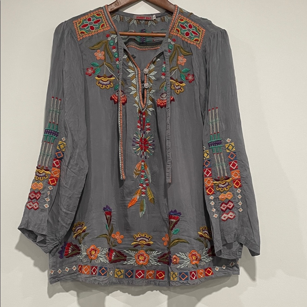 Embroidered Gray Boho Tunic Top